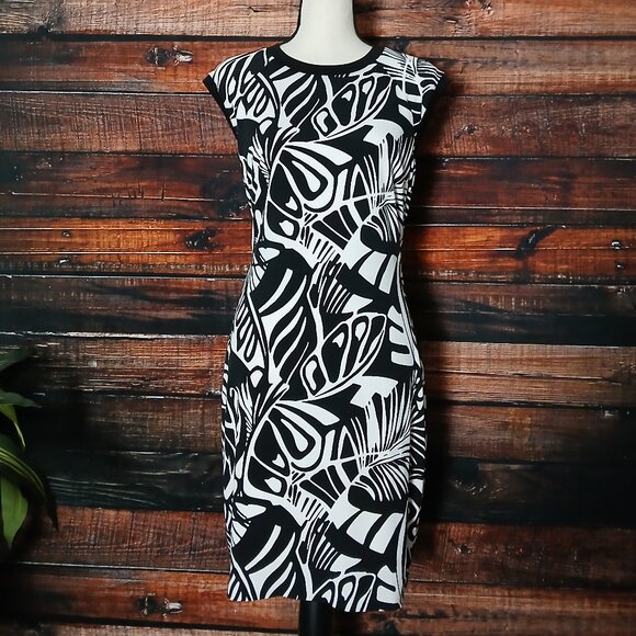 Cache Dress Size 8 White Black Leaf Sheath Cap Sleeve Lined Stretch Made In USA - Picture 2 of 8